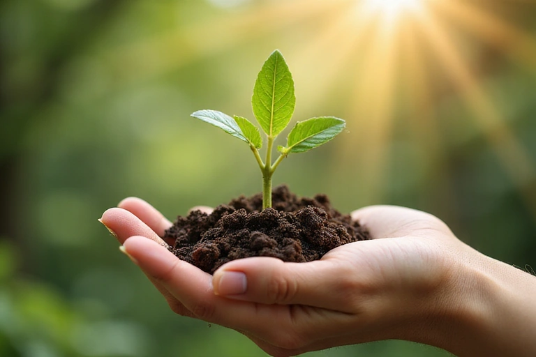 A hand holding a sprouting plant, symbolizing natural growth and a new beginning.