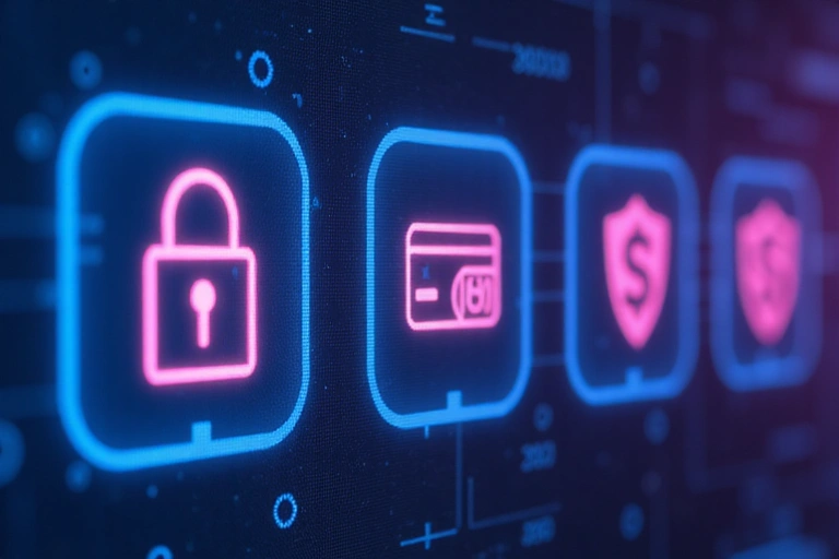 Secure payment icons on a digital interface, symbolizing secure transactions.
