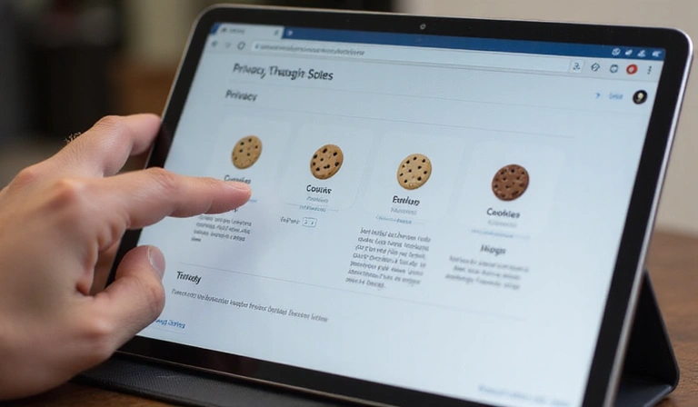 A person's hand interacting with browser settings on a tablet, with cookie icons floating around, symbolizing managing cookie preferences.