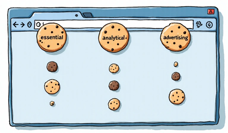 Illustration of various types of cookies on a digital device screen, representing different functions like essential, analytics, and advertising.